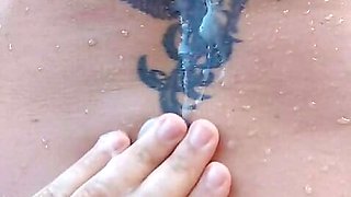 Slow motion cumshot by the pool