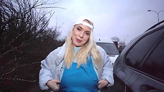 Student delivery girl with big tits gets her jeans ripped while delivering a creamy pizza in a public scene