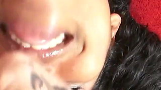 Sweet ebony girl sucking his dick in POV