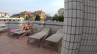 Two hot blondies, including stunning Marilyn Crystal, in a steamy bikini scene.