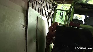 Ginger milf seduces the farmer and blowjobs his dick