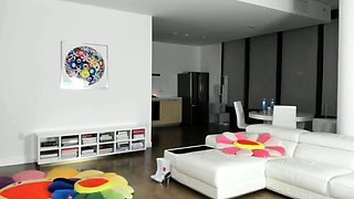 Busty curly brunette with big boobs fucks on couch