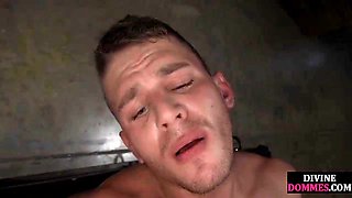 Divine femdoms tormenting their CBT sub in dirty toilet
