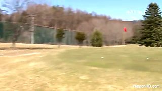 Three Asian babes play a game of strip golf