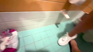 You and barely legal years aged teenie go to the public tpoilet together and you make her spray in her sporty g-string