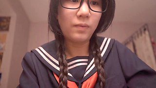Cute and inexperienced Japanese schoolgirl Alize Zaide in her solo cosplay