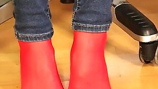 Red Nylon Feet in Black Shiny Heels - Dangling & Tease in Tight Jeans