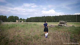 Pigtailed Young schoolgirl Outdoord with big pink dildo toy