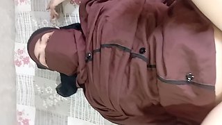 Intense POV with curvy hijab wife in hotel room