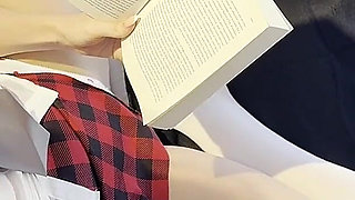Long Legs Hottest Sexy Blonde in School Uniform Skirt and Over Knee Socks Empties Big Balls of a Big Dick Guy