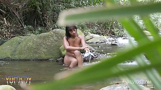 Brittany Taylor caught by three guys bathing in the river so