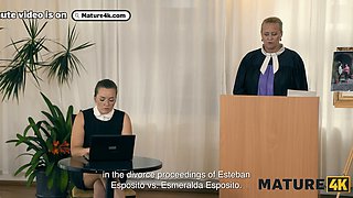 Watch as mature brunette Lilian Black cheats on her husband and secretly watches him take it from behind