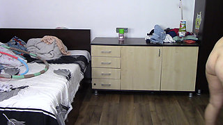 Sexy wife workout at home naked. Sexy brunette tries on pantyhose, hairy pussy, big ass, big tits.