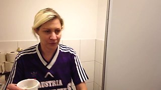 Blonde Sporty MILF Pisses in a Cup Wearing a Sports Jersey, Then Her Man Drinks the Piss