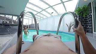 Naughty Blonde Swimmer Gives a Head in a Pool