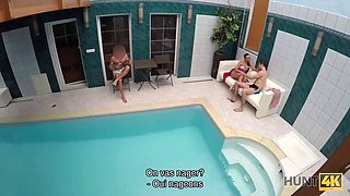 Sexy brunette gets fingered & fucked in a private pool while being cuckolded
