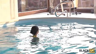 Black4k. athletic ebony coach seduced into affair with milky gal by pool