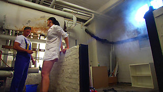 German girl fucked by the plumber and gets cum shot in mouth