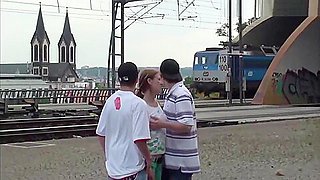 girl Alexis Crystal PUBLIC sex threesome orgy at railway station