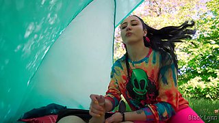 Brunette Hippie Jerks Me Off for Free in a Tent