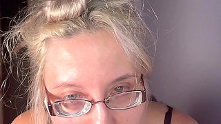 Cuckold Private Cam Worship - Goddess in Thick Eyeglasses, Wet Lips and Tongue Deep-throating Dildo While Teasing Tits for Cuck