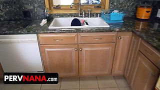 Step-nana thrusts step-grandson down on the sofa and pulls his panties down & puts his cock in her mouth
