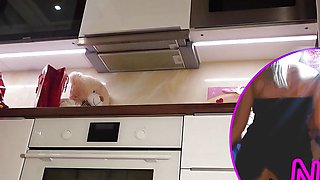 Hot sexy redhead college girl with her long legs and cotton panties in the kitchen gets bored and ignored