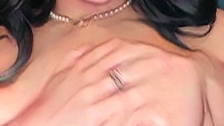 Busty curly brunette with big boobs fucks on couch