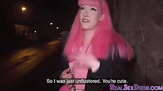 Public 21yo pinkhair babe cockriding