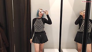 Masturbation in a fitting room without a door. Horny blonde gets a strong orgasm in a public place