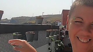 Another blowjob on open terrace & cum swallow