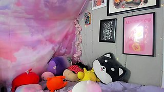 Small titted brunette Sharron with glasses masturbates