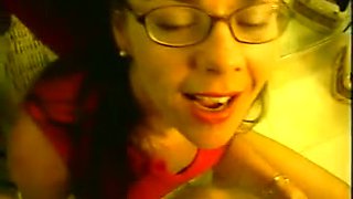 Bitch with dark hair and glasses provided my buddy with a blowjob