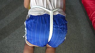 Sexy Pia Being Tied And Gagged With Ropes And A Cloth Gag On A Stool Wearing A Sexy Blue Shiny Nylon Shorts And A Tshirt (Video)