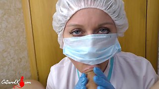 Nurse Catin Red gives a lustful handjob and blowjob to her patient