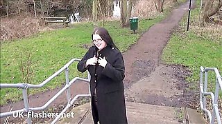 Chubby amateur flashing and bbw public masturbation of fat exhibitionist Emma outdoors showing pussy and tits to voyeur