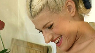 Blonde German babe assfucked in the kitchen