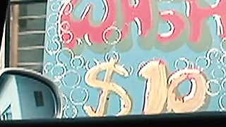 Brunette with Big Boobs Gets Fucked Inside a Car at the Car Wash