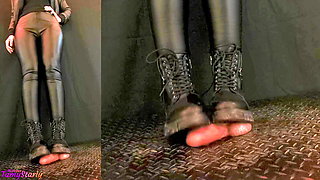 Aggressive CBT Stomping in Black Leather Combat Boots with TamyStarly - Bootjob Showjob Ballbusting