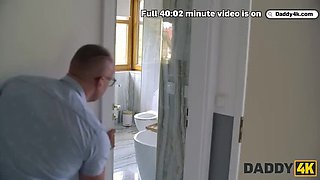 Skinny Teen Brunette Deep Throats Boyfriend's Daddy - Hot Cheating Sex in HD