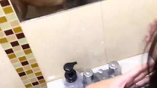 Public Restroom Thrill: Brunette's Mirrored Doggy Delight