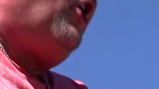 Brunette babe and blonde milf suck hard wang outdoors