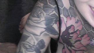 Hot Babe with an Amazing Tattoed Body Enters a Bukkake Party