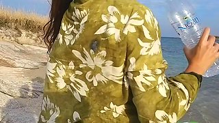 Hot Hairy MILF Pees on Guy at the Beach and Gets Her Asshole Pissed