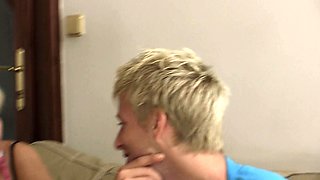 Funny game with blonde teen leads family 3some
