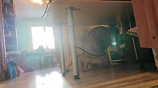 Sexy Russian MILF Flashes No Panties While Washing Floor