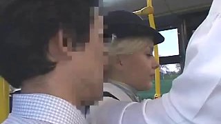 Busty stewardess public handjob on the bus