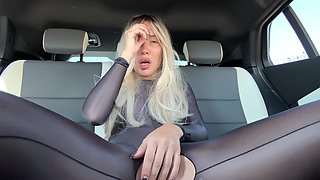 Nymphomaniac in Stocking Suit in Car in Parking Lot Cums
