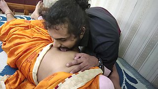 Saree and Bra Navel Lick Boobs Press with Pussy Rub Romance of Vaishnavy and Sharun Raj, Mallu Couple Hot Saree Navel Romance