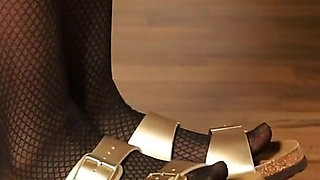 Dangling in Fishnet Stockings - Golden Double Strap Slides
